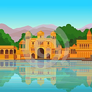 Animation landscape: the ancient Indian palace on the river bank.