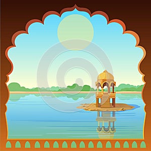 Animation landscape: the ancient Indian palace, view from the window, arbor in the river. photo