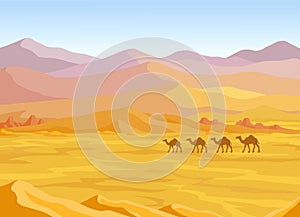 Animation landscape: desert, caravan of camels.