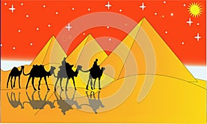 Animation landscape: desert, caravan of camels. Vector illustration. - A hot desert landscape illustration - Images vectorielles 2
