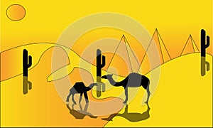 Animation landscape: desert, caravan of camels. Vector illustration. - A hot desert landscape illustration - Images vectorielles 2