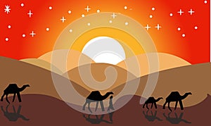 Animation landscape: desert, caravan of camels. Vector illustration. - Images vectorielles -- A hot desert landscape illustration