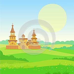 Animation landscape: green valley, ancient Slavic city, tower, fence, churches.