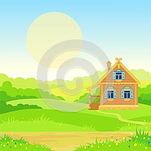 Animation landscape: green valley, ancient Slavic rural house, the blossoming meadow.