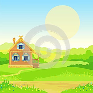 Animation landscape: green valley, ancient Slavic rural house, the blossoming meadow.