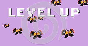 Animation of level up on pink background with butterflies