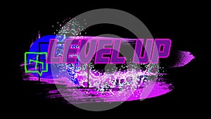 Animation of level up text over shapes on black background