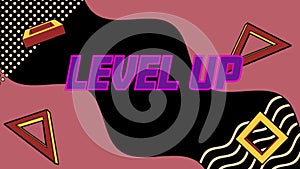 Animation of level up text over shapes on black background