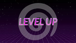 Animation of level up text in pink glowing letters over grid