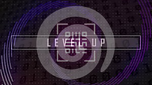 Animation of level up text wirh qr code and data processing on black background