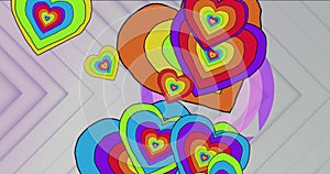 Animation of lgbtqi hearts shapes over circles against arrows on white background