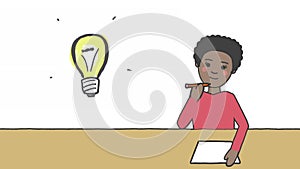 Animation of light bulb with rays and schoolboy writing on white background