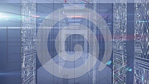 Animation of light spot and screens with microprocessor connections over computer server room