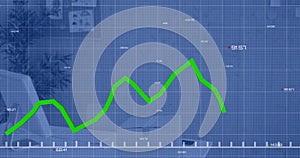 Animation of line graph showing growth and numbers moving over empty desk at office