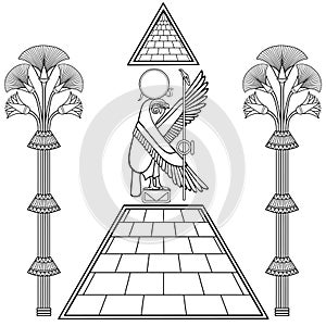 Animation linear drawing: Divine Falcon sits atop  pyramid. Ornamental trees.