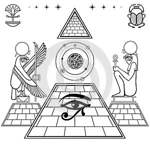 Animation linear drawing: Egyptian pyramid, god Ra in image bird sacred falcon and a person.