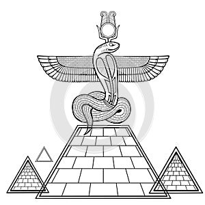 Animation linear drawing: God Apop Sacred winged Serpent sits atop the pyramid.