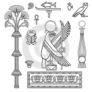 Animation linear drawing: set of Egyptian symbols. Sacred bird is the god of Gore.