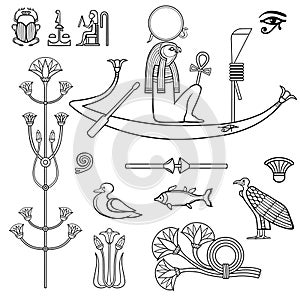 Animation linear drawing: set of Egyptian symbols. Sacred bird God of Gore sails in a boat.