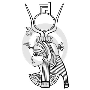 Animation linear portrait of beautiful Egyptian woman. Goddess Isis.