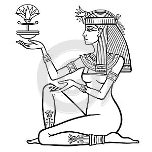 Animation linear portrait of beautiful Egyptian woman holds a flower in his hands.