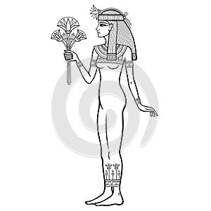Animation linear portrait: beautiful Egyptian woman stands with a bouquet of flowers in hand.