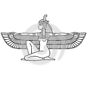 Animation linear portrait: sitting goddess of justice Maat. Profile view.