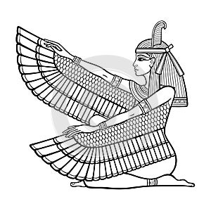 Animation linear portrait: sitting goddess of justice Maat. Profile view.