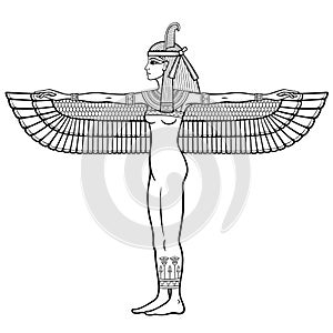 Animation linear portrait: winged goddess of justice Maat. Full growth. Profile view.