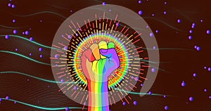 Animation of lines and circles around lgbtqi hand doing fist over dynamic wave pattern in background