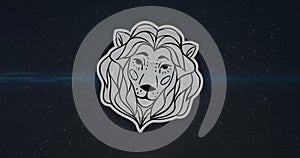 Animation of lion head illustration over blue light and starry night sky