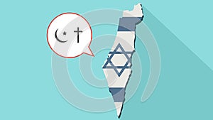 Animation of a long shadow Israel map with its flag and a comic balloon with christianity and islam religions symbols