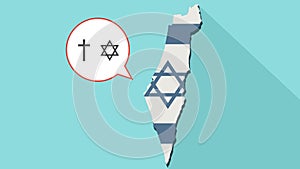 Animation of a long shadow Israel map with its flag and a comic balloon with christianity and judaism religions symbols