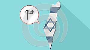 Animation of a long shadow Israel map with its flag and a comic balloon with a purim gragger
