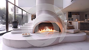 Animation of luxury modern home. minimal style white living and dining room furnished with a modern fireplace with
