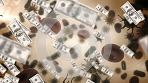Animation of macro Covid-19 cells and American dollar bills floating.