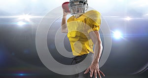 Animation of male american football player throwing ball at floodlit stadium