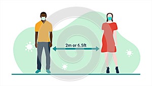 Animation of man and woman practising social distancing 6 feet apart