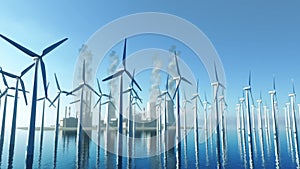 Animation of many wind turbines and a nuclear power plant in the background