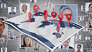 Animation of map with location pins, globe with network of connections and business people photos