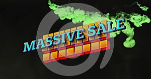 Animation of massive sale text over green liquid on black background