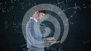 Animation of mathematical equation, illuminated shield around globe, caucasian man using technology