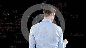 Animation of mathematical equation with rear view of caucasian man using futuristic technology