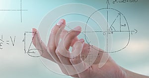 Animation of mathematical equations floating over close up of a hand against gradient background