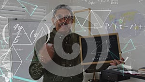Animation of mathematical equations over biracial male teacher holding blackboard