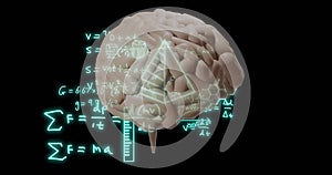 Animation of mathematical equations and science icons over brain on black background