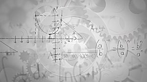 Animation of mathematical formulae over cogs on white background