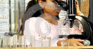 Animation of mathematical formulae over smiling schoolgirl using microscope