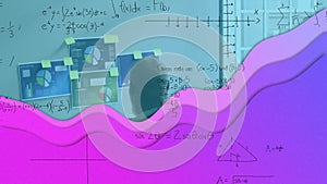 Animation mathematical formulas over purple waves over businessman using computer