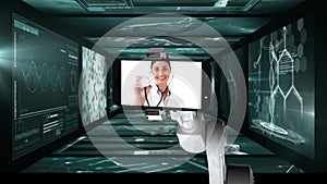 Animation of medical data processing on screens with female doctor with stethoscope on screen